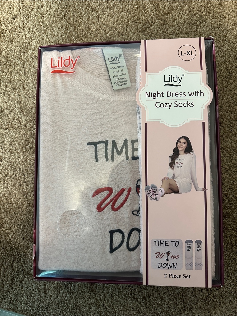 Lildy Pink Night Dress with Cozy Socks - L/XL